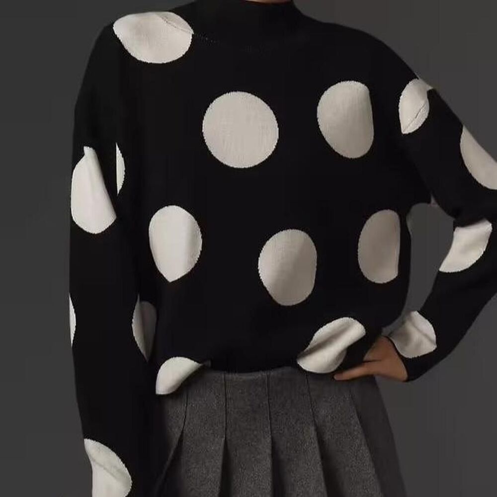 Anthropologie Maeve Polka Dot Mock Neck Sweater Large Black White Oversized